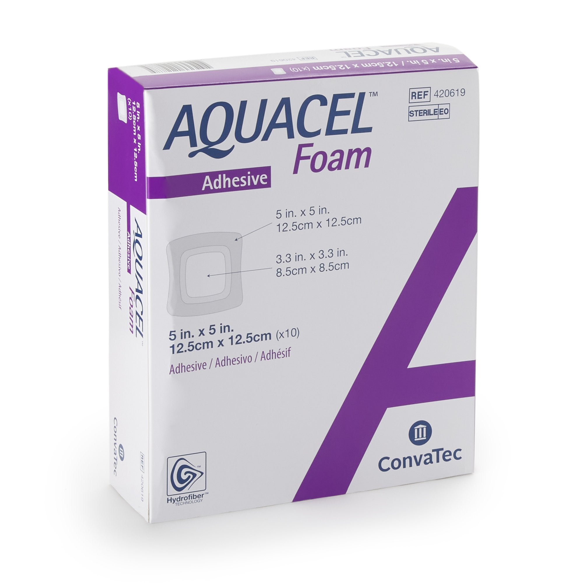 802594 - Aquacel - Aquacel Foam Dressing 5 X 5 Inch With Border Waterproof Film Backing Silicone Adhesive Square Sterile, 420619, Box of 10, (BX)