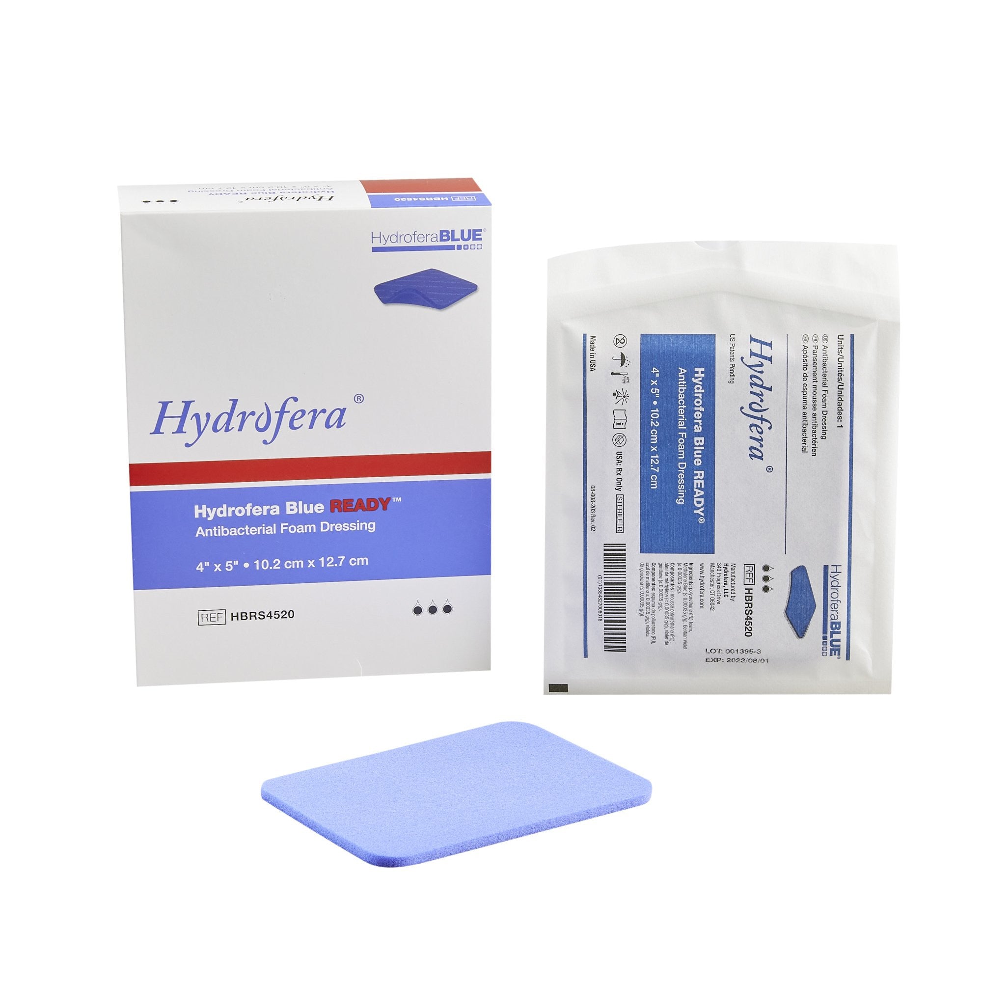 877315 - Hydrofera BLUE - Hydrofera BLUE READY Antibacterial Foam Dressing 4 X 5 Inch Without Border Waterproof Film Backing Nonadhesive Rectangle Sterile, HBRS4520, Box of 10, (BX)