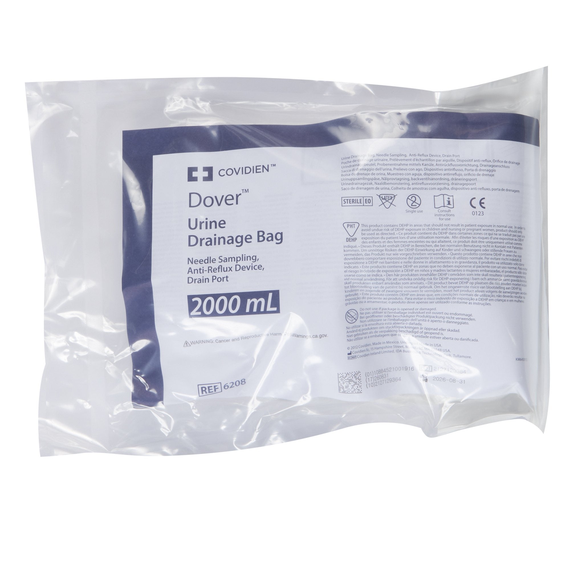 10132 - Dover - Urinary Drain Bag Dover Anti-Reflux Valve, Splashguard II Drain Spout NonSterile 2000 mL Vinyl 6208- Case of 20, (CS)