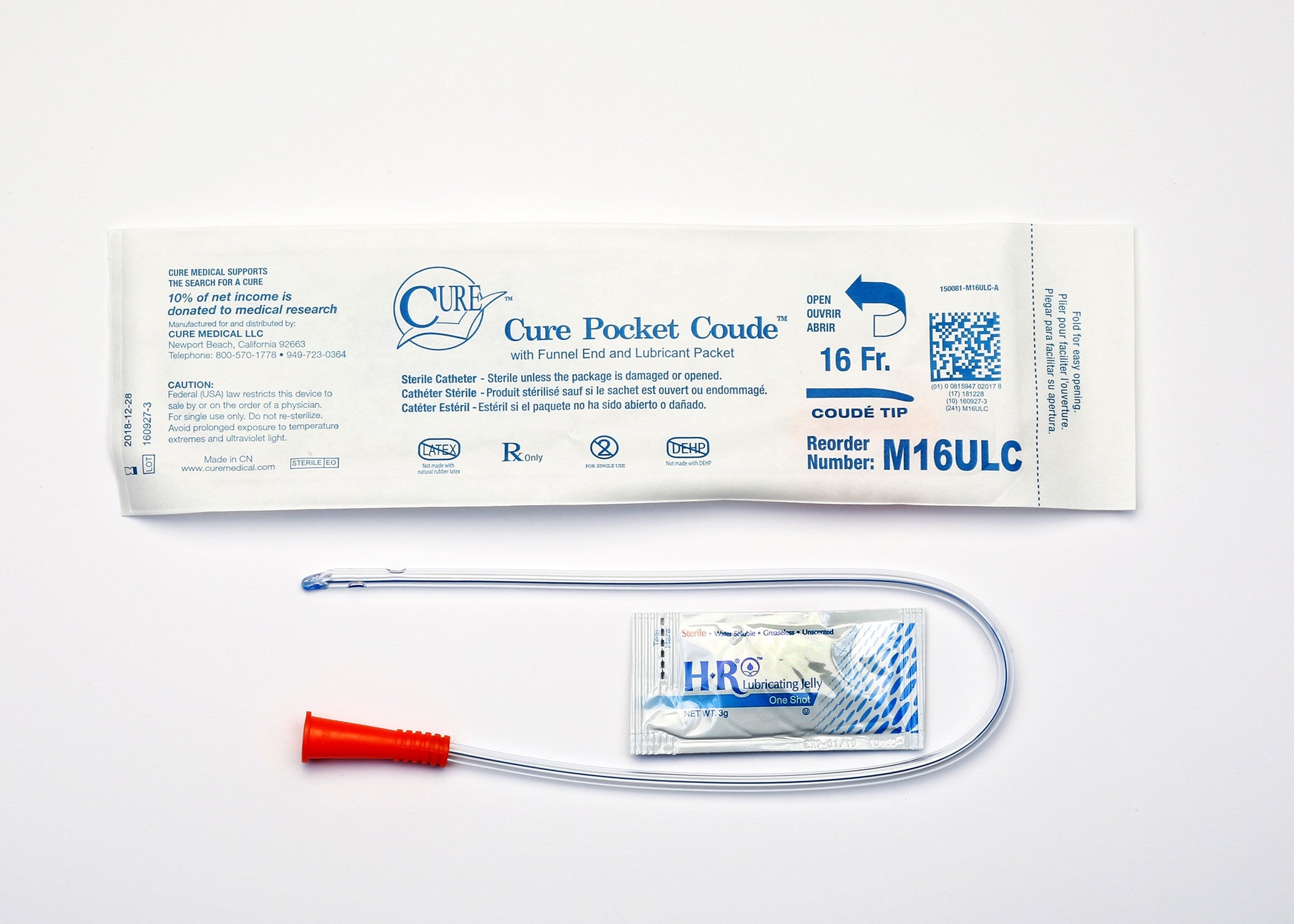 1044623 - Cure - Urethral Catheter Cure Pocket Cath Coude Tip Lubricated 16 Fr. 16 in, M16ULC Pack of 1, (EA)