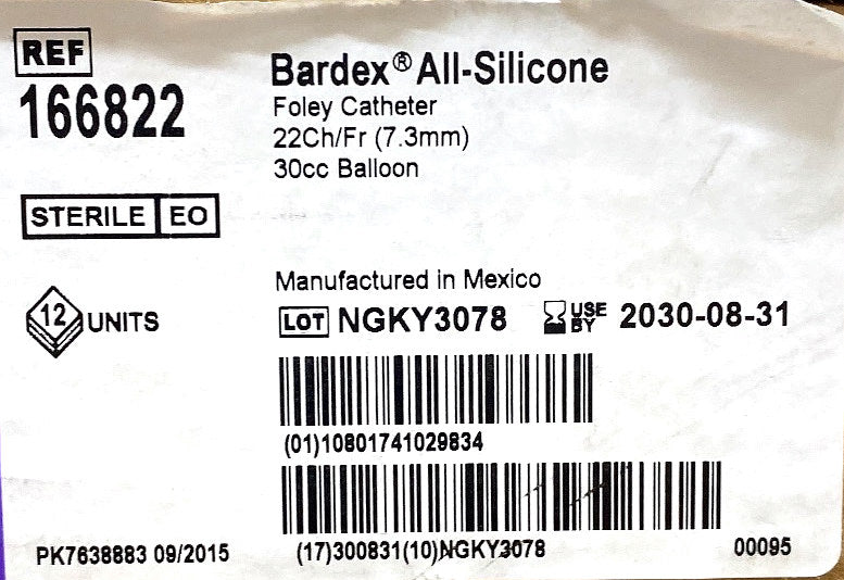 166822 - BARD - Bardexยฎ All-Silicone Foley Catheter 30cc Balloon, (BX/12)