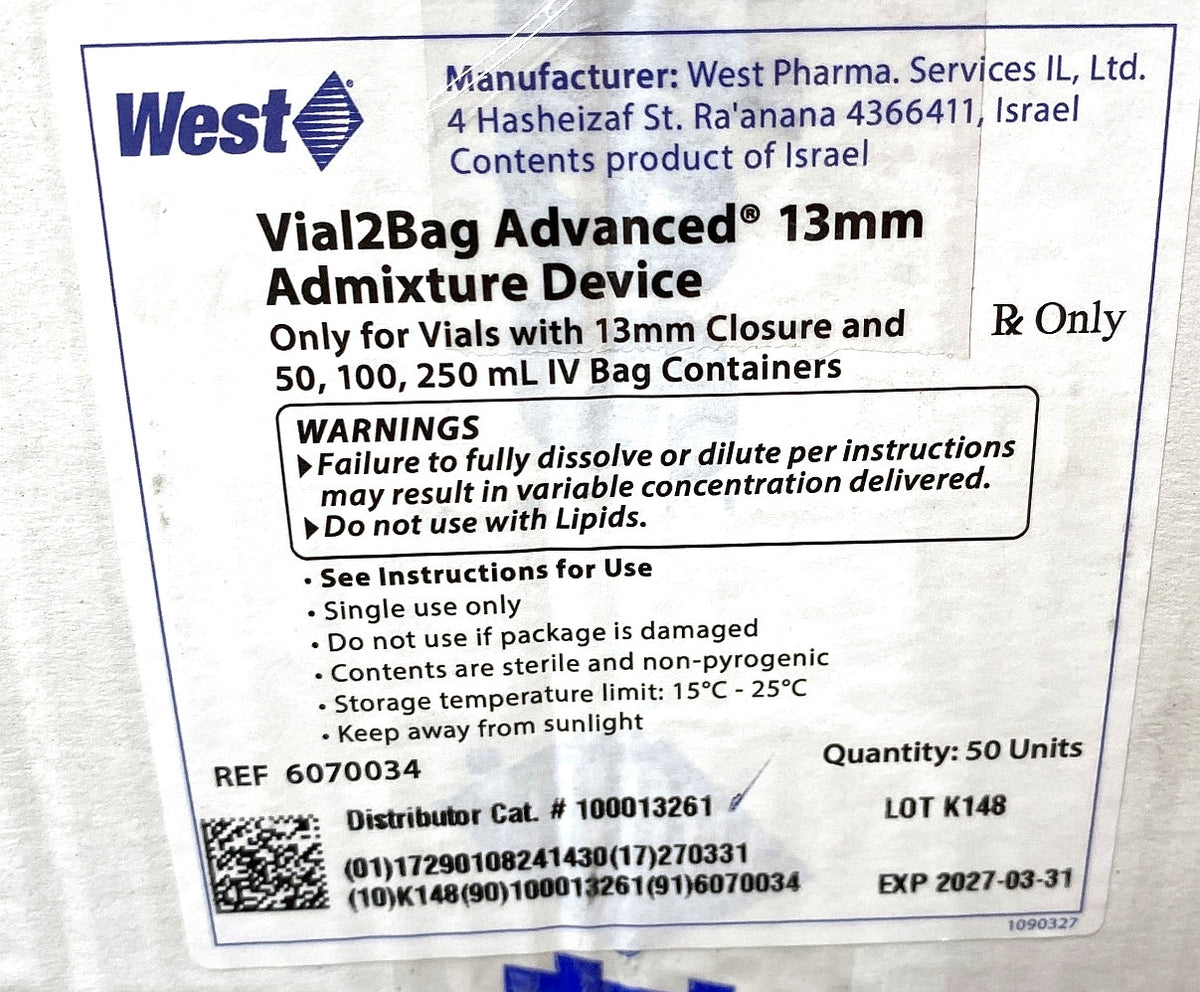 6070034 - WEST PHARMA - Vial 2bag advanced 13mm admixture device, (BX/50)