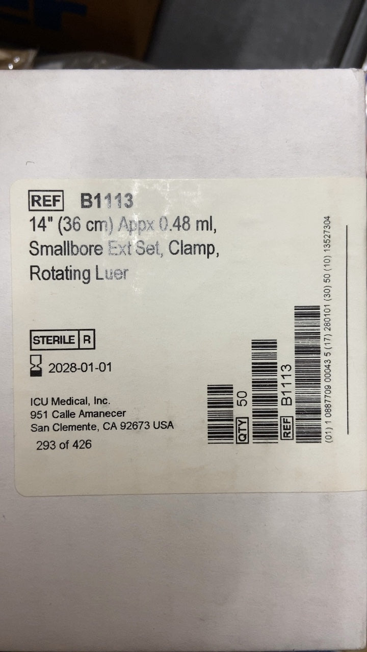 B1113 - ICU MEDICAL - 14" (36 cm) Appx 0.48 ml, Smallbore Ext Set, Clamp, Rotating Luer, (BX/50)