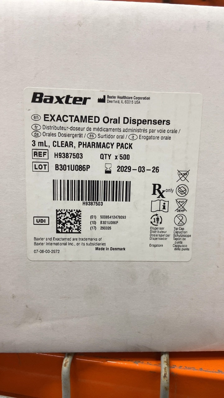 H9387503 - BAXTER - Exactamed Oral Dispensers, 3mL, Clear, Pharmacy Pack, (BX/500)