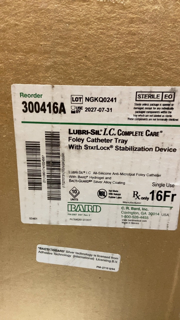 300416A - BARD - LUBRI-SIL I.C. COMPLETE CARE Foley Catheter Tray With StatLock Stabilization Device, (BX/10)