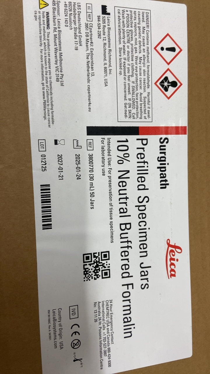 3800770 - LEICA - Surfurlant Prefilled Specimen Jars 10% Neutral Buffered Formalin, (BX/50)