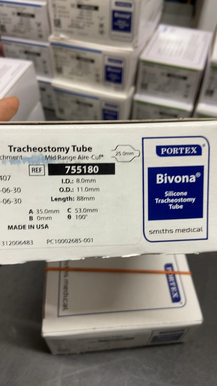 755180 - SMITHS MEDICAL - Tracheostomy Tube Bivona Silicone Mid Range Aire Cuff 25.0mm, (BX/1)