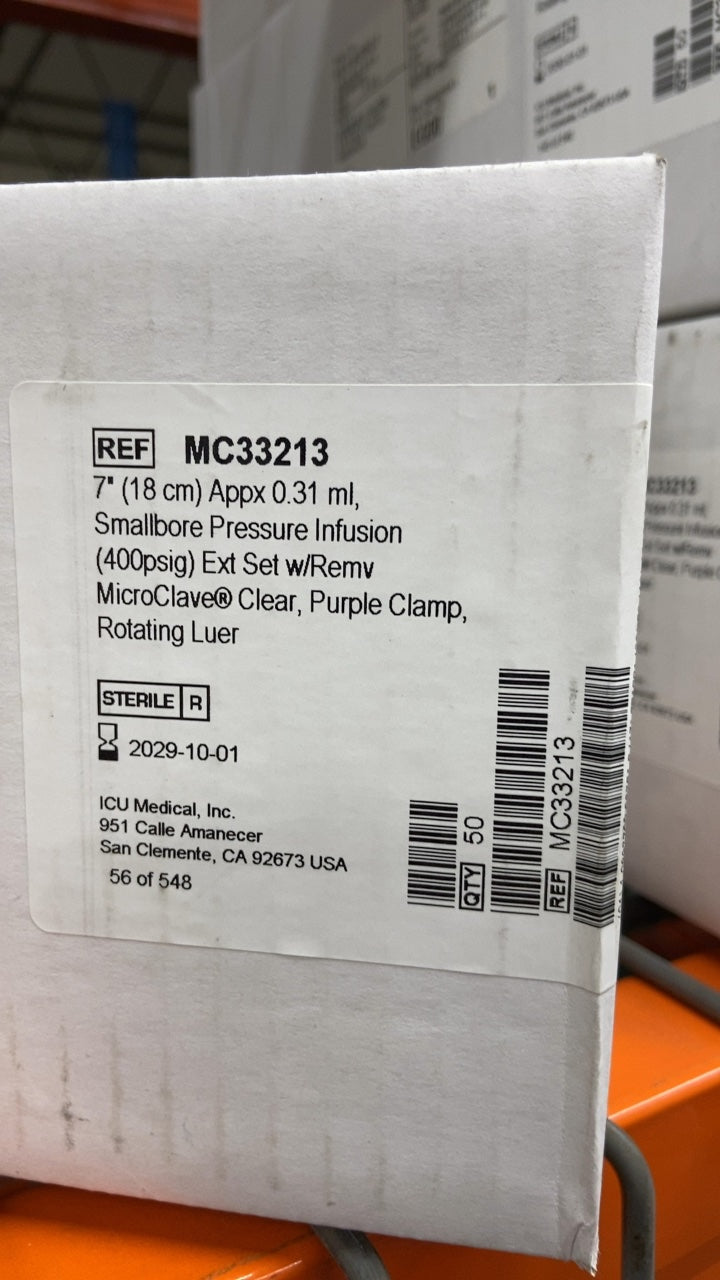 MC33213 - ICU MEDICAL - 7" (18 cm) Appx 0.31 ml, Smallbore Pressure Infusion (400psig) Ext Set w/Remv MicroClave® Clear, Purple Clamp, Rotating Luer, (CS/50)