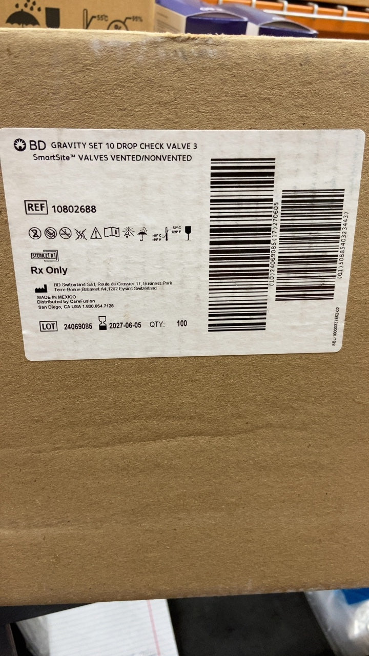 10802688 - BD - GRAVITY SET 10 DROP CHECK VALVE 3 SmartSite VALVES VENTED/NONVENTED, (CS/100)