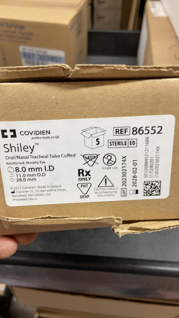 86552 - COVIDIEN - Shiley Oral/Nasal Tracheal Tube Cuffed Reinforced, Murphy Eye 8.0 mm I.D 11.0 mm O.D 28.0 mm, (BX/5)