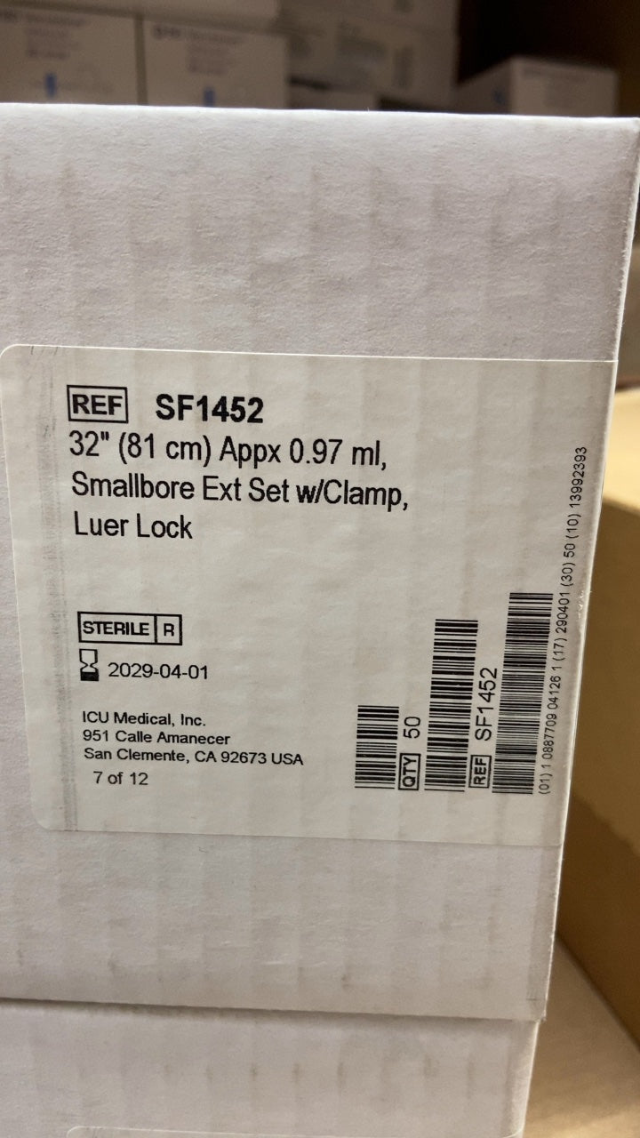 SF1452 - ICU MEDICAL - 32" (81 cm) Appx 0.97 ml, Smallbore Ext Set w/Clamp, Luer Lock, (BX/50)