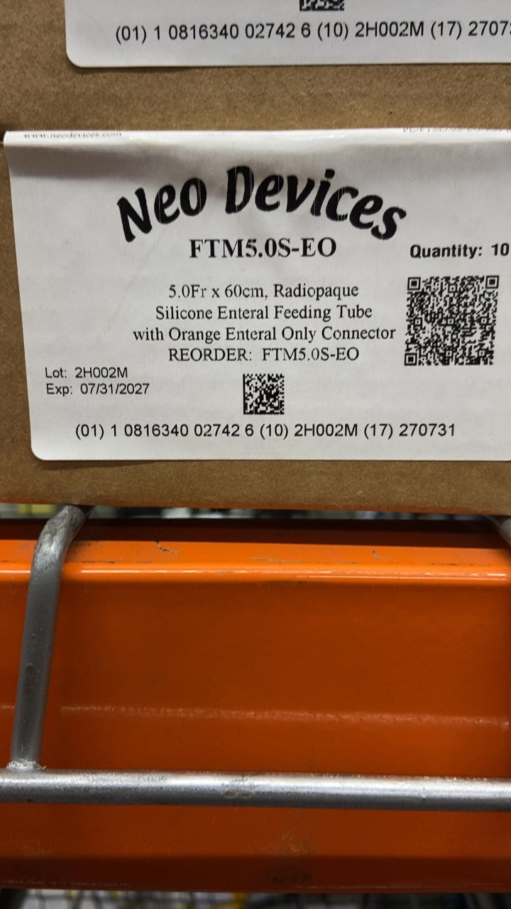 FTM5.0S-EO - NEO DEVICES - 5.0Fr x 60cm. Radiopaque Silicone Enteral Feeding Tube with Orange Enteral Only Connector, (BX/10)