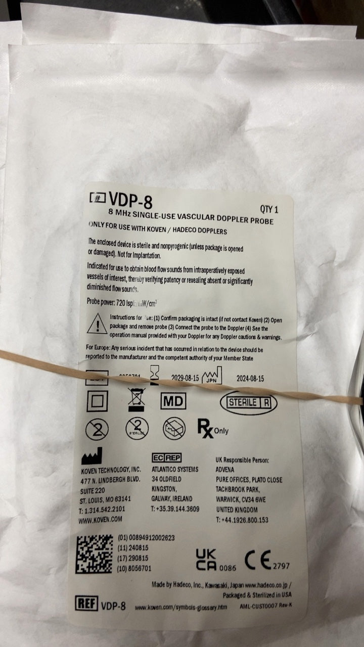 VDP-8 - KOVEN TECHNOLOGY - VDP-8 8 MHz SINGLE-USE VASCULAR DOPPLER PROBE, (EA/1)