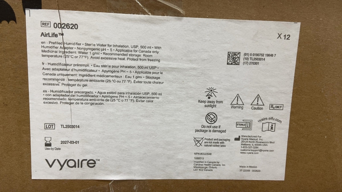 2620 - VYAIRE MEDICAL - AirLife Prefilled Humidifier, Sterile Water for Inhalation, USP, 500 ml, (BX/12)