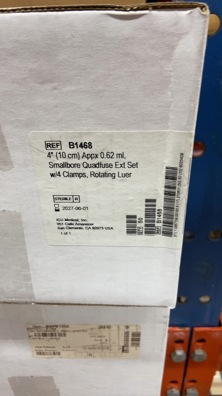 B1468 - ICU MEDICAL - 4" (10 cm) Appx 0.62 ml, Smallbore Quadfuse Ext Set w/4 Clamps, Rotating Luer, (BX/50)