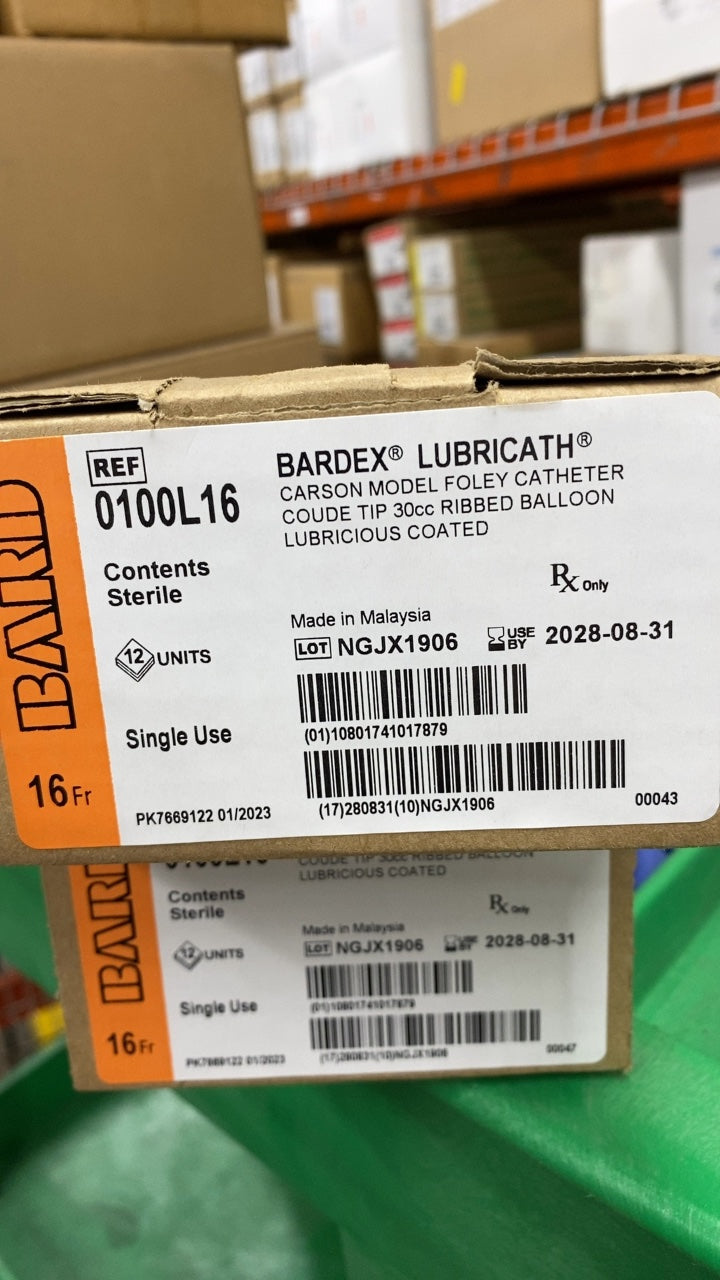 0100L16 - BARD - BARDEX LUBRICATH CARSON MODEL FOLEY CATHETER COUDE TIP 30cc RIBBED BALLOON LUBRICIOUS COATED, (BX/12)
