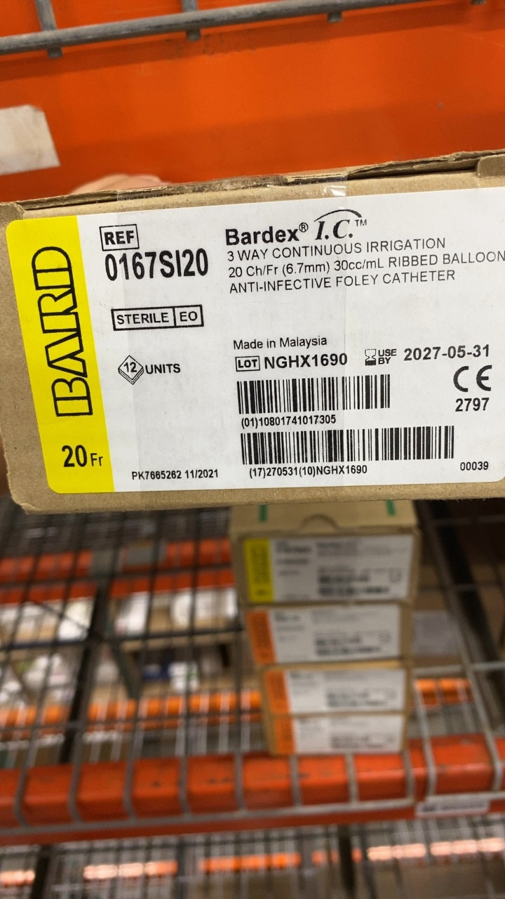 0167SI20 - BARD - Bardex I.C. 3 WAY CONTINUOUS IRRIGATION 20 Ch/Fr (6.7mm) 30cc/mL RIBBED BALLOON ANTI-INFECTIVE FOLEY CATHETER, (BX/12)