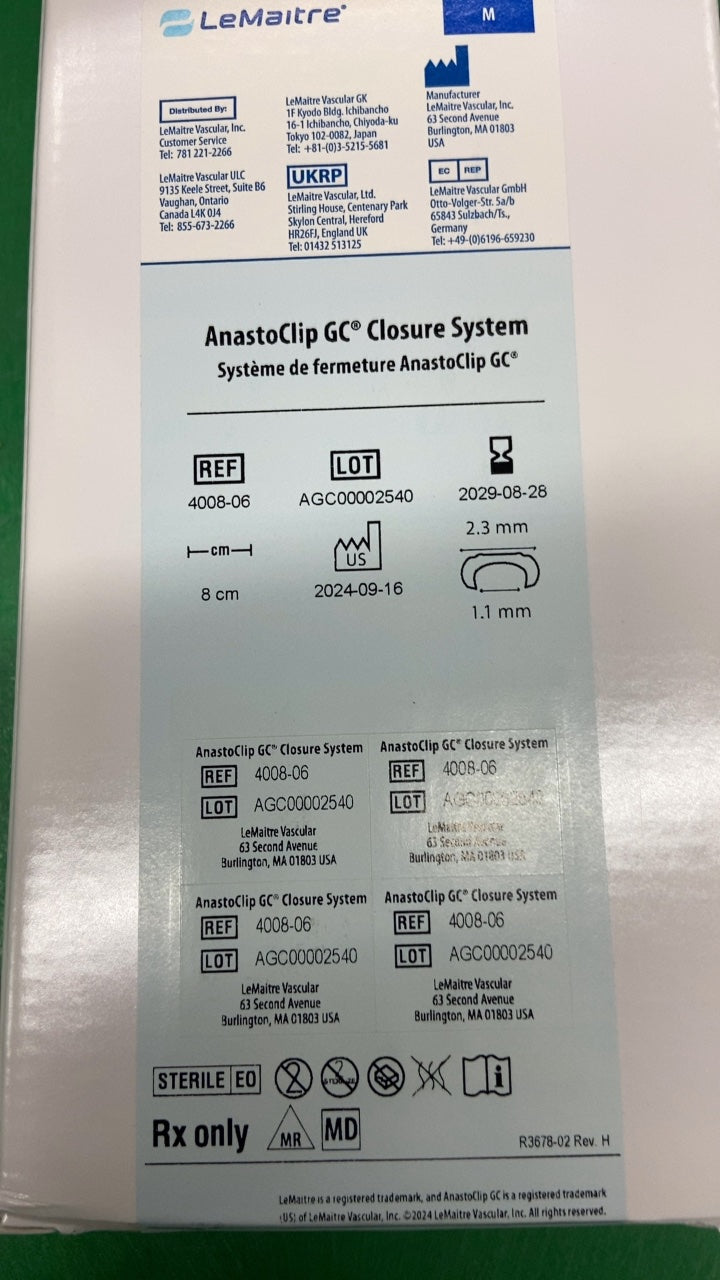 Sun Jun 01 4008 00:00:00 GMT-0500 (Central Daylight Time) - LEMAITRE VASCULAR - AnastoClip GC Closure System, 3 in. Shaft Length, (BX/1)