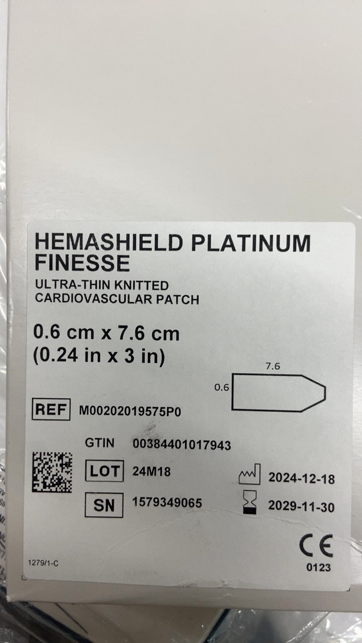M00202019575PO - GETINGE - HEMASHIELD PLATINUM FINESSE ULTRA-THIN KNITTED CARDIOVASCULAR PATCH 0.6 cm x 7.6 cm (0.24 in x 3 in), (BX/1)