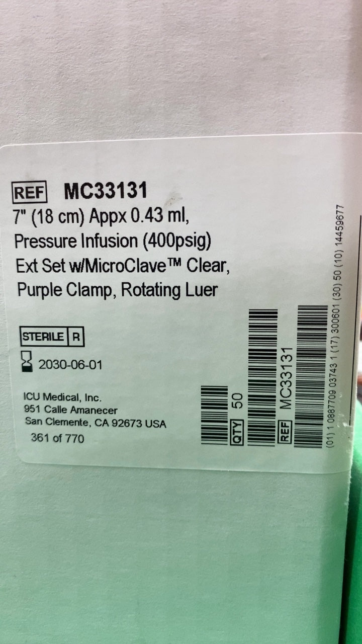 MC33131 - ICU MEDICAL - 7" (18 cm) Appx 0.43 ml, Pressure Infusion (400psig) Ext Set w/MicroClave™ Clear, Purple Clamp, Rotating Luer, (BX/50)