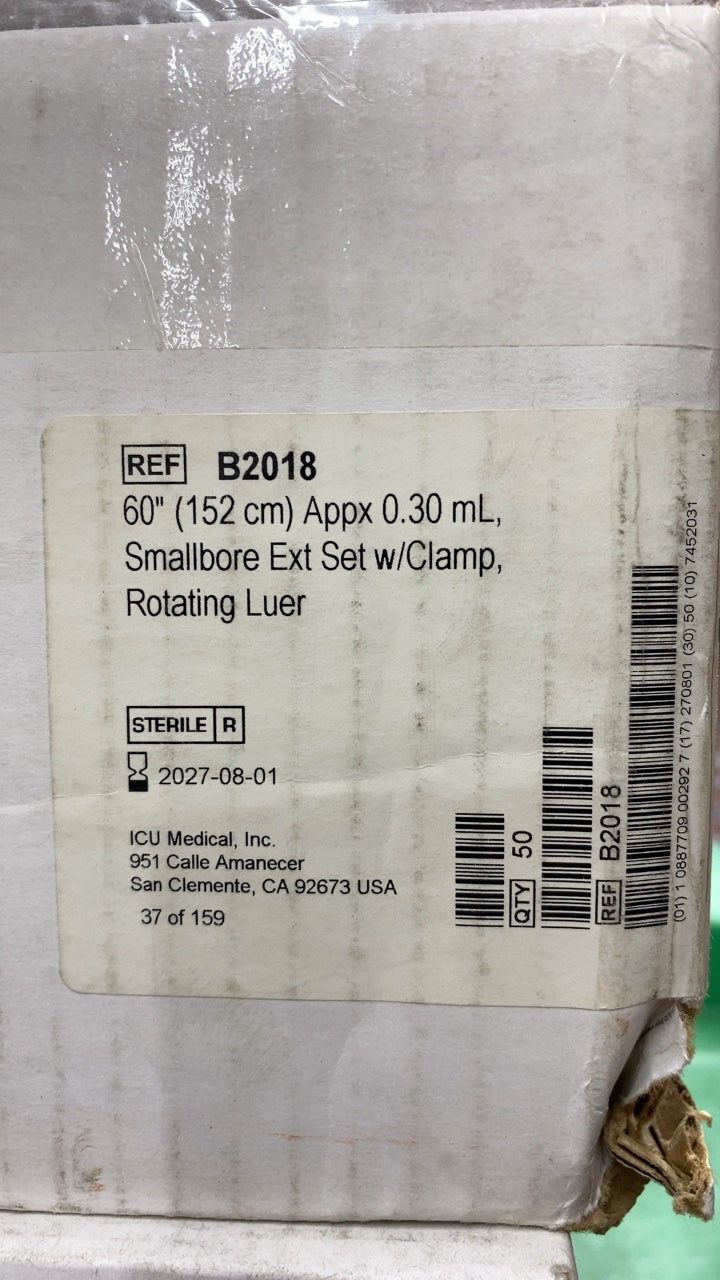 B2018 - ICU MEDICAL - 60" (152 cm) Appx 0.30 mL, Smallbore Ext Set w/Clamp, Rotating Luer, (BX/50)