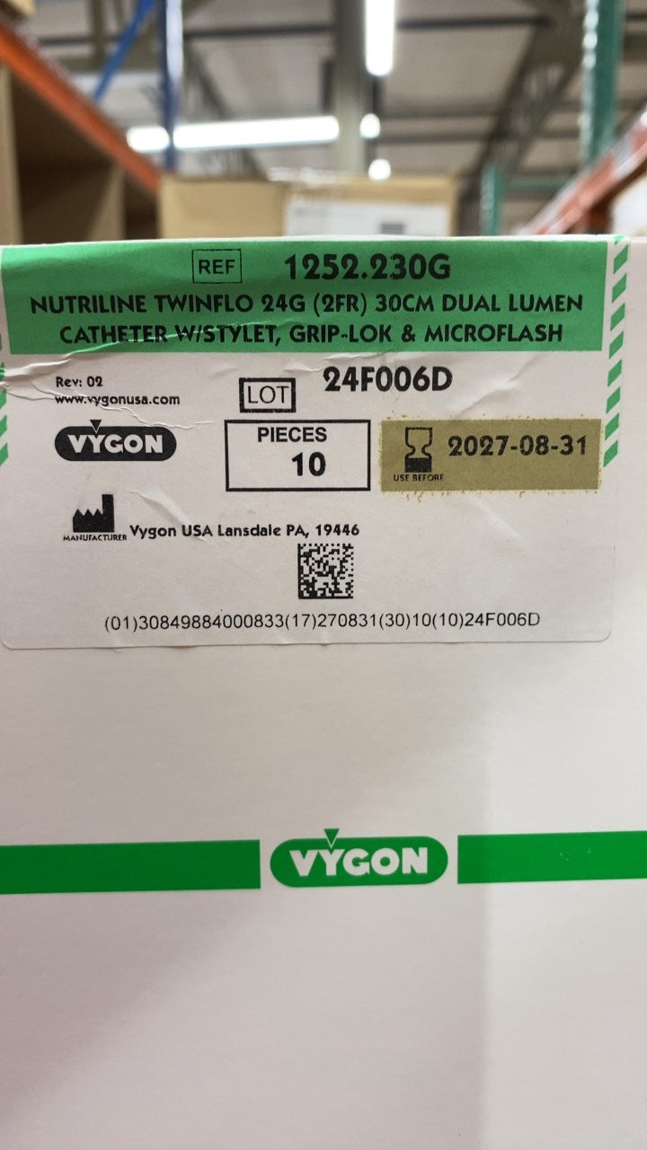 1252.230G - VYGON - NUTRILINE TWINFLO 24G (2FR) 30CM DUAL LUMEN CATHETER W/STYLET, GRIP-LOK & MICROFLASH, (BX/10)
