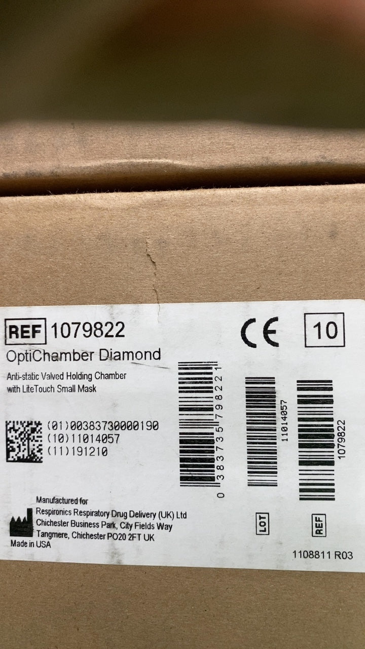 1079822 - RESPIRONICS - OptiChamber Diamond Anti-static Valved Holding Chamber with LiteTouch Small Mask, (CS/10)