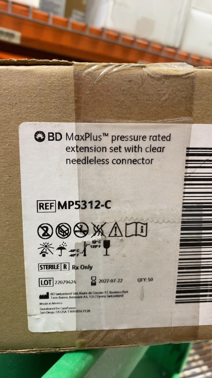 MP5312-C - BD - BD MaxPlus pressure rated extension set with clear needleless connector, (BX/50)