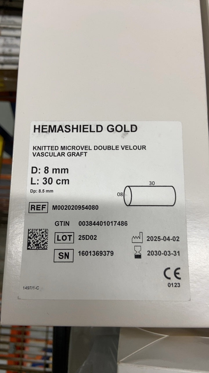 M002020954080 - INTERVASCULAR - HEMASHIELD GOLD KNITTED MICROVEL DOUBLE VELOUR VASCULAR GRAFT D: 8 mm L: 30 cm, (BX/1)