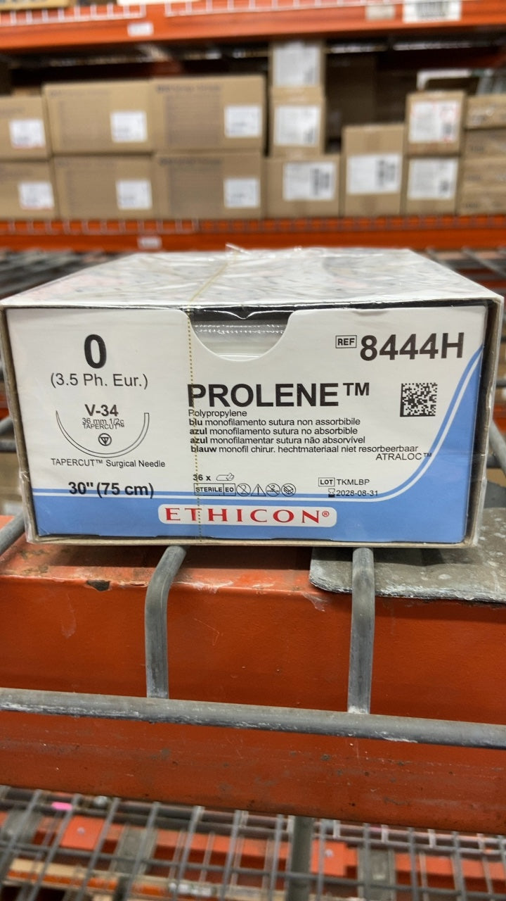 8444H - ETHICON - Prolene Non-Absorbable Monofilament Polypropylene Suture, Size 0, 30 in. Length, V-34 Needle, (BX/36)