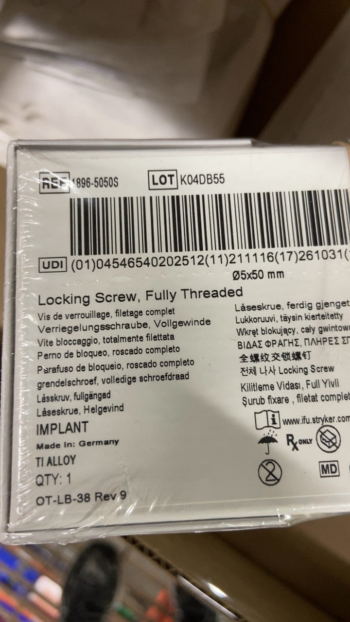 1896-5050S - STRYKER - Fully Threaded Locking Screw, 5 dia. x 50 mm Length, (BX/1)