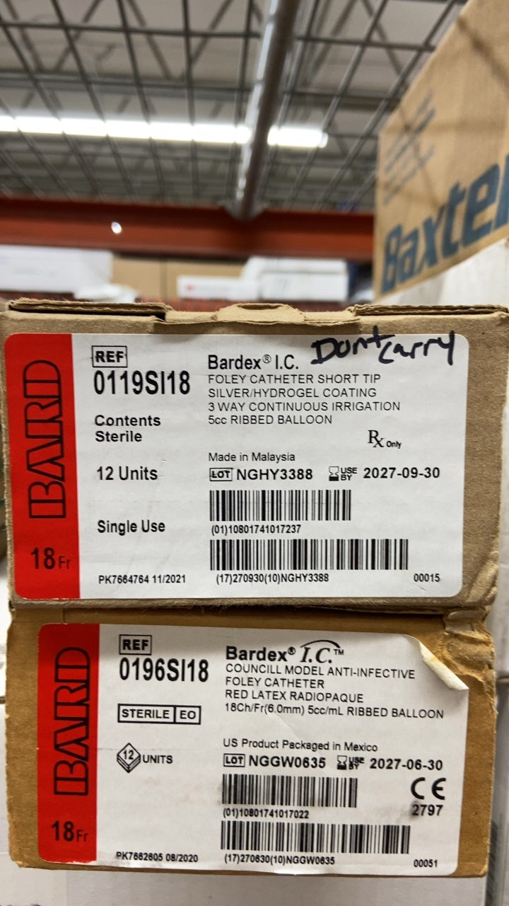 0119SI18 - BARD - Bardex I.C. FOLEY CATHETER SHORT TIP SILVER HYDROGEL COATING 3 WAY CONTINUOUS IRRIGATION 5cc RIBBED BALLOON, (BX/12)