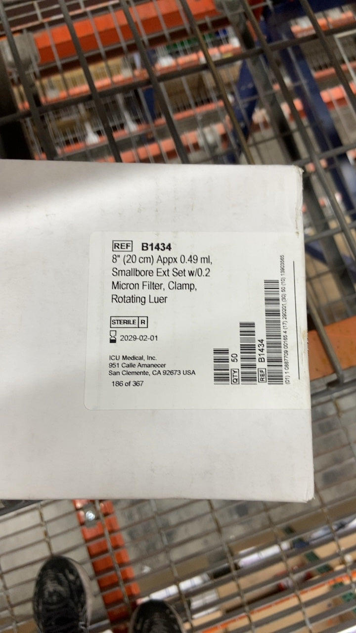 B1434 - ICU MEDICAL - 8" (20 cm) Appx 0.49 ml. Smallbore Ext Set w/0.2 Micron Filter, Clamp, Rotating Luer, (BX/50)