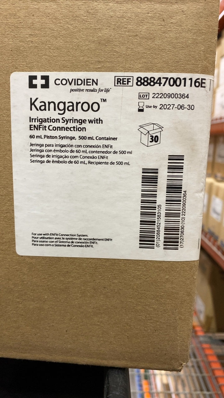 8884700116E - COVIDIEN - Kangaroo Irrigation Syringe with ENFit Connection, 60 mL Piston Syringe, 500 mL Container, (CS/30)
