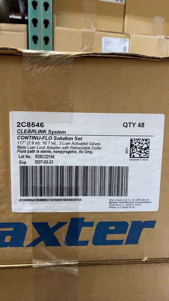 2C8546 - BAXTER - CLEARLINK System CONTINU-FLO Solution Set 117g/12.9mL, 16.7mL, 3 Luer Activated Valves Male Luer Lock Adapter with Retractable Collar, (BX/48)