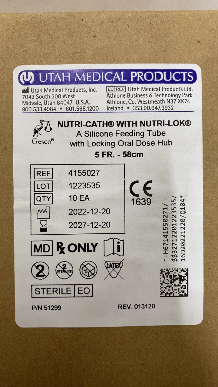 4155027 - UTAH MEDICAL - NUTRI-CATH® WITH NUTRI-LOK® A Silicone Feeding Tube with Locking Oral Dose Hub 5 FR. - 58cm, (BX/10)