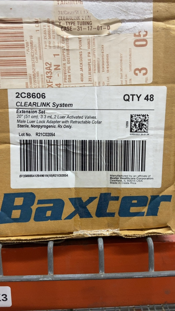 2C8606 - BAXTER - CLEARLINK System Extension Set 20" (51 cm), 3.3 mL 2 Luer Activated Valves, Male Luer Lock Adapter with Retractable Collar, Sterile, Nonpyrogenic, Rx Only, (BX/48)