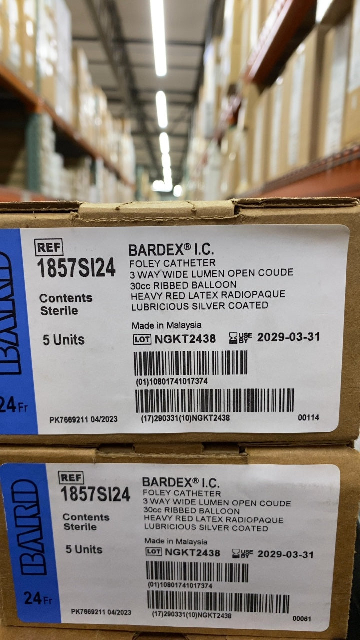 1857SI24 - BARD - BARDEX I.C. FOLEY CATHETER 3 WAY WIDE LUMEN OPEN COUDE 30cc RIBBED BALLOON HEAVY RED LATEX RADIOPAQUE LUBRICIOUS SILVER COATED, (BX/5)