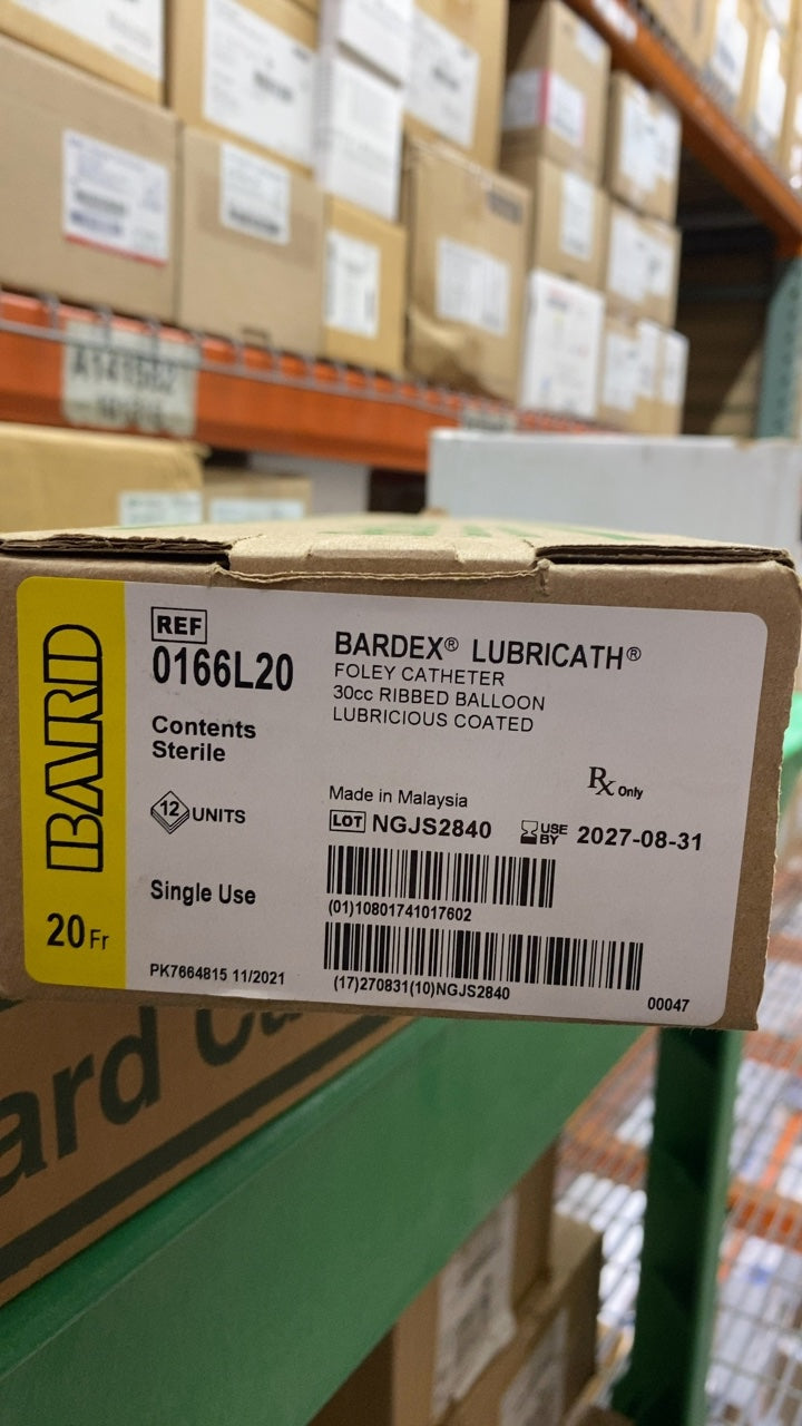 0166L20 - BARD - BARDEX LUBRICATH FOLEY CATHETER 30cc RIBBED BALLOON LUBRICIOUS COATED, (BX/12)