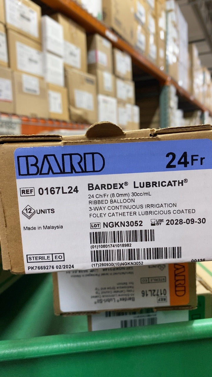 0167L24 - BARD - BARDEX LUBRICATH 24 Ch/Fr (8.0mm) 30cc/mL RIBBED BALLOON 3-WAY CONTINUOUS IRRIGATION FOLEY CATHETER LUBRICIOUS COATED, (BX/12)