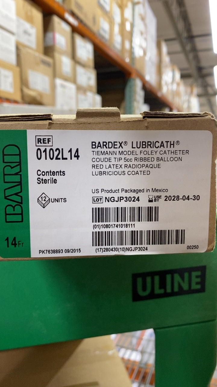 0102L14 - BARD - BARDEX® LUBRICATH® TIEMANN MODEL FOLEY CATHETER COUDE TIP 5cc RIBBED BALLOON RED LATEX RADIOPAQUE LUBRICIOUS COATED, (BX/12)