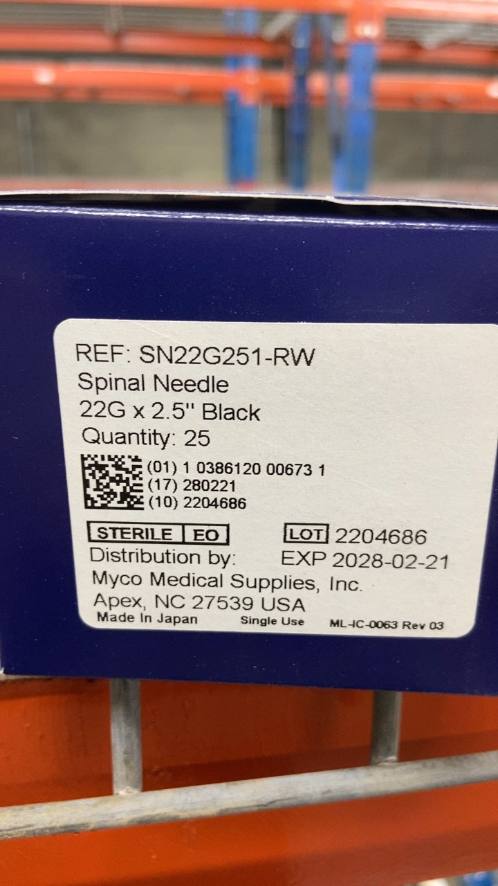 SN22G251-RW - MYCO MEDICAL - Spinal Needle 22G x 2.5" Black, (BX/25)
