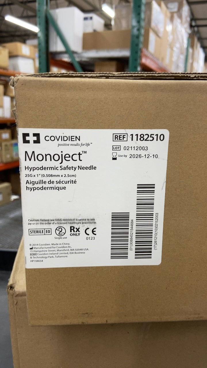 1182510 - COVIDIEN - Monoject Hypodermic Safety Needle 25G x 1" (0.508mm x 2.5cm), (CS/800)