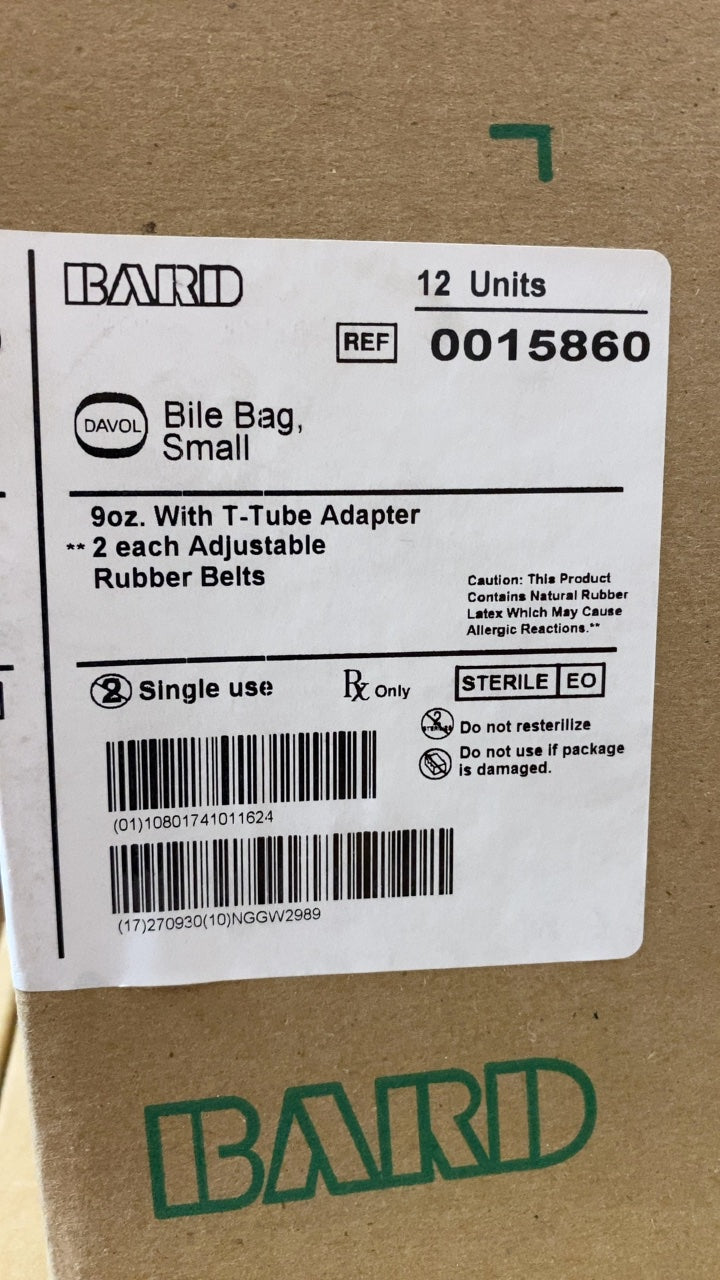 15860 - BARD - Bile Bag, Small, 9oz. With T-Tube Adapter, 2 each Adjustable Rubber Belts, (BX/12)