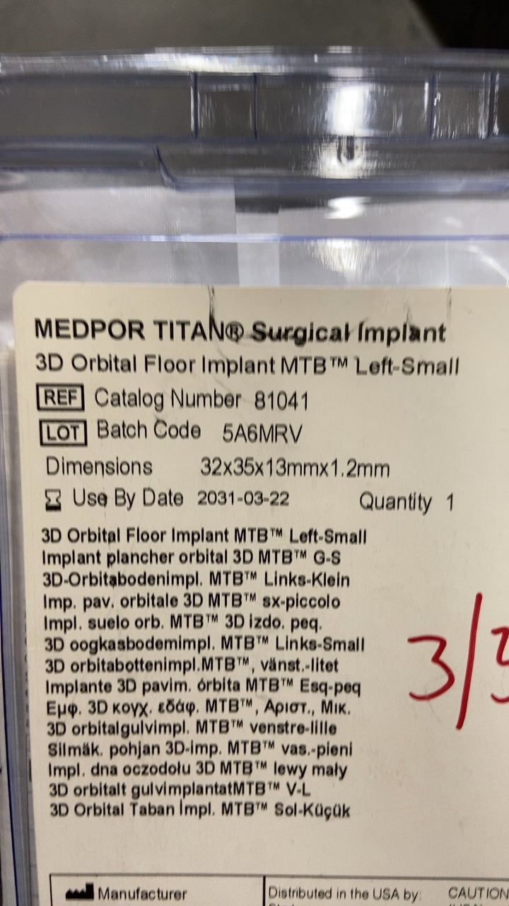 81041 - STRYKER - Medpor Titan MTB Left Small 3D Orbital Floor Implant, 32 x 35 x 13 mm Size, (EA/1)