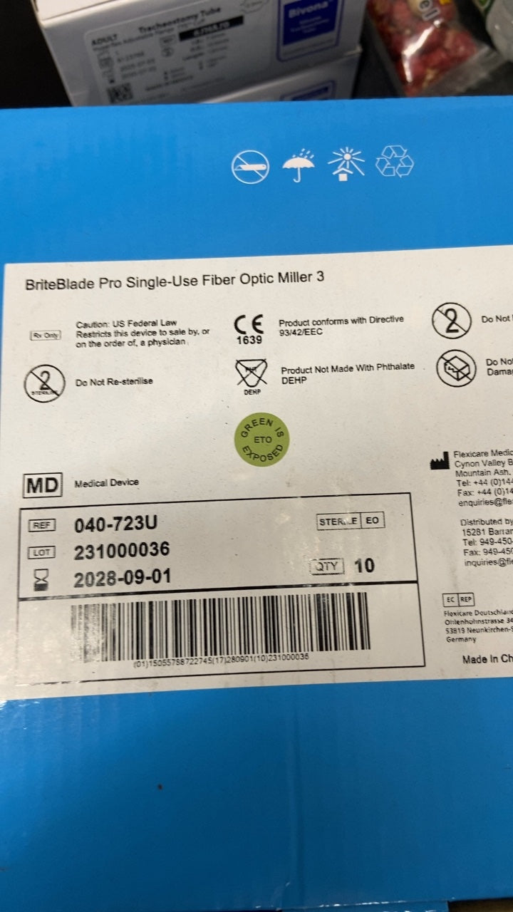 040-723U - FLEXICARE - BriteBlade Pro Single-Use Fiber Optic Miller 3, (BX/10)