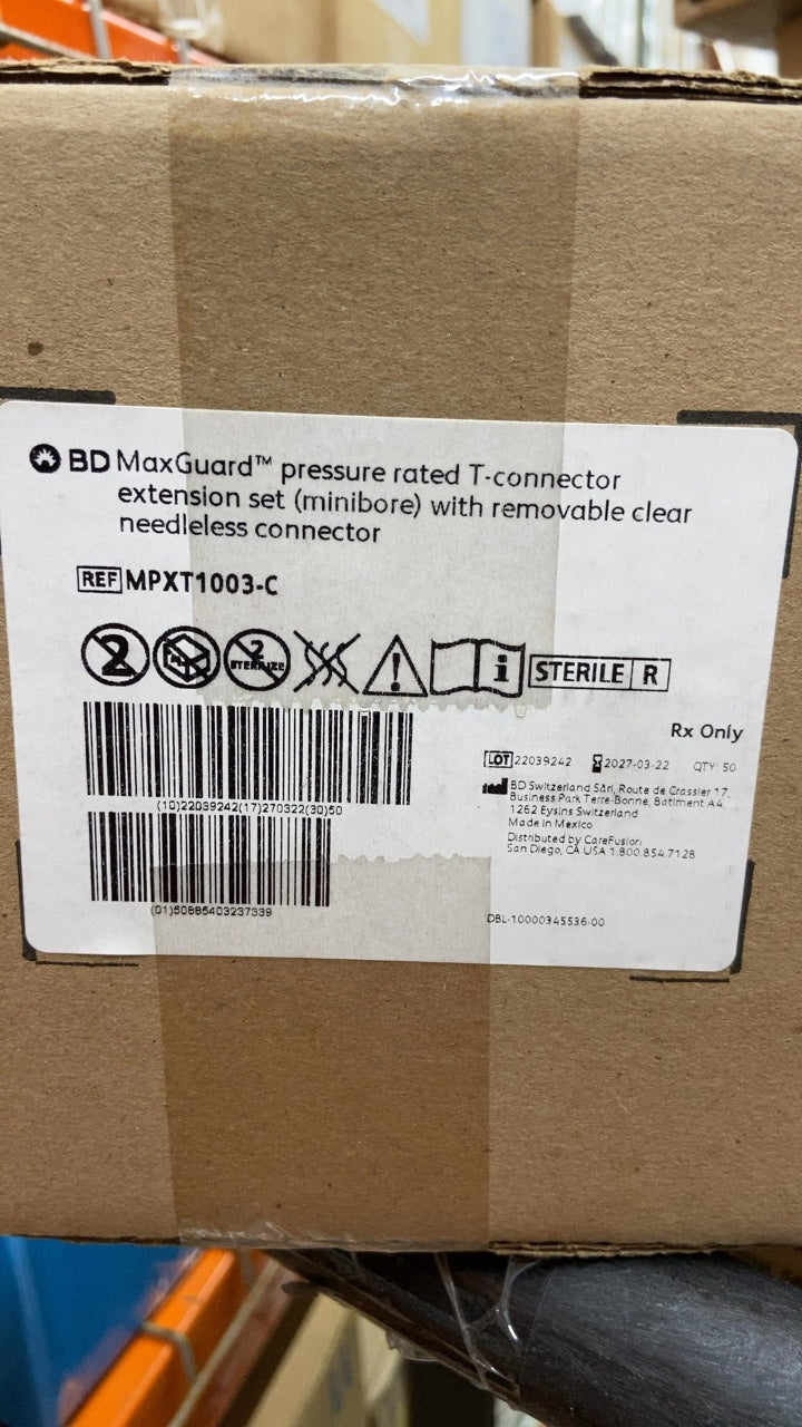 MPXT1003-C - BD - BD MaxGuard™ pressure rated T-connector extension set (minibore) with removable clear needleless connector, (BX/50)