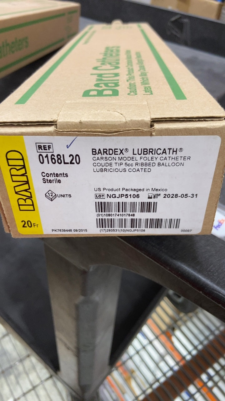 0168L20 - BARD - BARDEX® LUBRICATH® CARSON MODEL FOLEY CATHETER COUDE TIP 5cc RIBBED BALLOON LUBRICIOUS COATED, (BX/12)