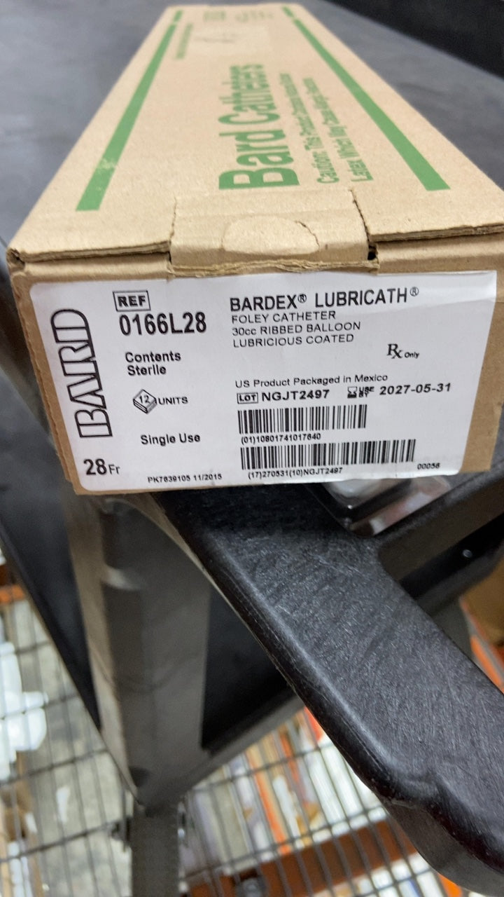 0166L28 - BARD - BARDEX LUBRICATH FOLEY CATHETER 30cc RIBBED BALLOON LUBRICOUS COATED, (CS/12)