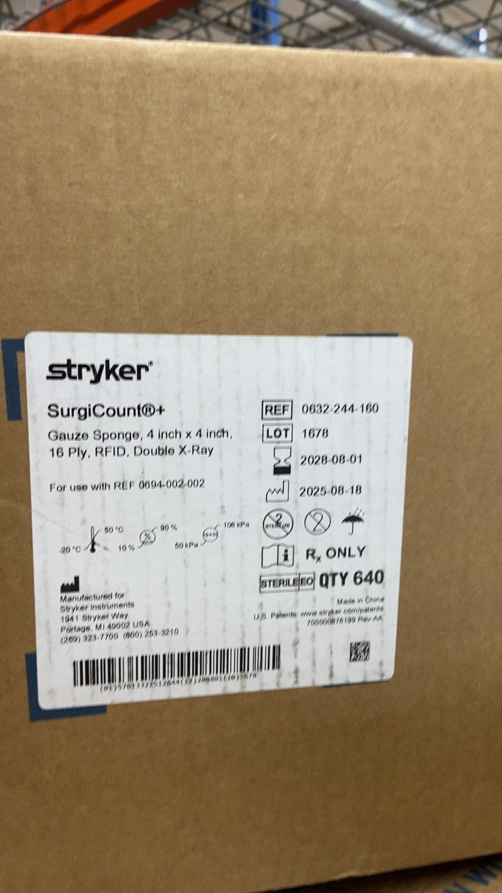 0632-244-160 - STRYKER - SurgiCount®+ Gauze Sponge, 4 inch x 4 inch, 16 Ply, RFID, Double X-Ray, (CS/640)